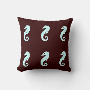 SEAHORSE blue on brown pillow