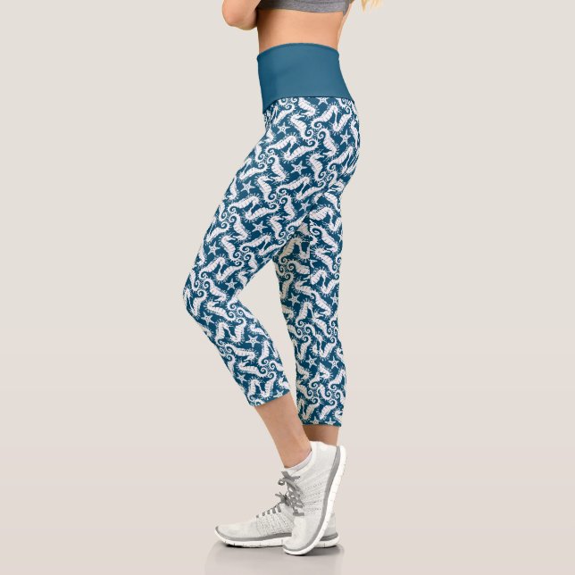 Seahorse Blue Pattern Capri Leggings (Left)