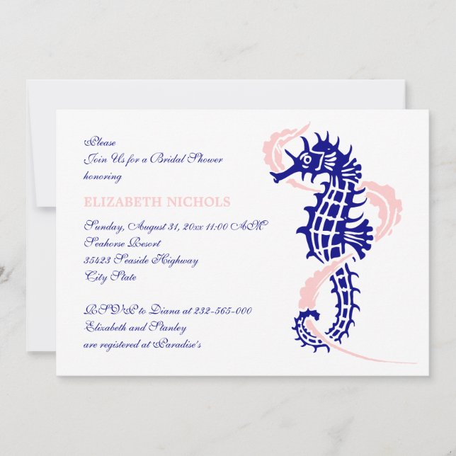 Seahorse blue, pink wedding bridal shower invitation (Front)