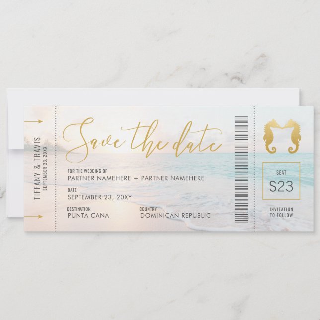 Seahorse Boarding Pass Ticket Beach Wedding Save The Date (Front)