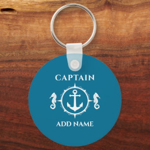 Seahorse Boat Anchor Captain Name Photo Back Aqua Key Ring