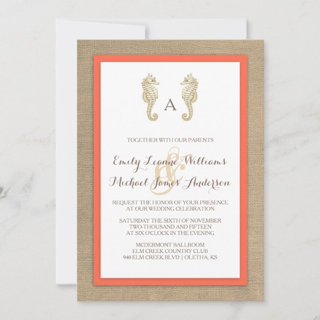 Seahorse Burlap Beach Tropical Wedding Invitation (Front)