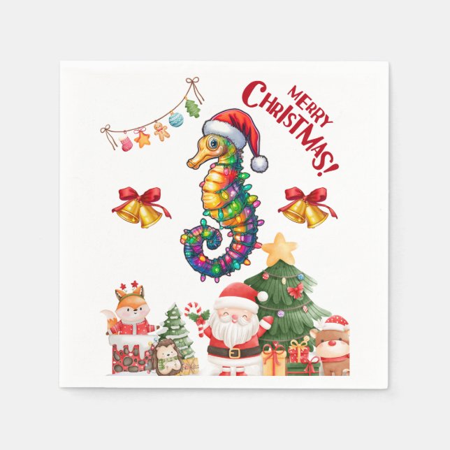 Seahorse Christmas Hat Xmas Napkin (Front)