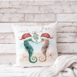 Seahorse Christmas Kiss Beach Cotton  Cushion<br><div class="desc">Coastal theme Christmas cotton throw pillow features a watercolor seahorse couple on the beach wearing Santa hats and kissing under mistletoe. Visit my "Seahorse Coastal Christmas Kiss" collection for coordinating invitations,  party supplies,  decor and more. Art by KL Stock.</div>