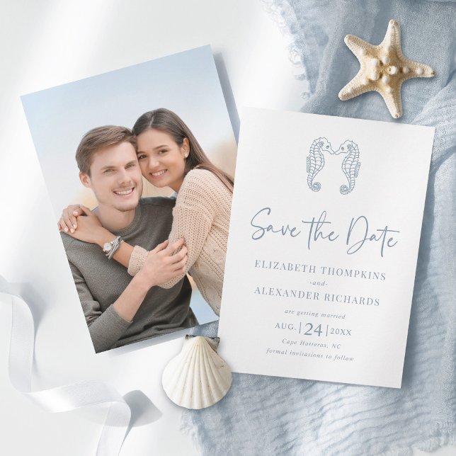 Seahorse Coastal Beach Dusty Blue Wedding Save The Date (Creator Uploaded)
