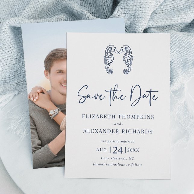 Seahorse Coastal Beach Navy Blue Wedding Save The Date (Creator Uploaded)
