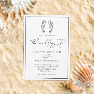 Seahorse Coastal Beach Script Dark Grey Wedding Invitation