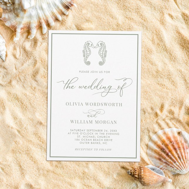 Seahorse Coastal Beach Script Sage Green Wedding Invitation (Creator Uploaded)