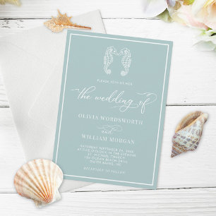 Seahorse Coastal Sea Glass Beach Script Wedding Invitation