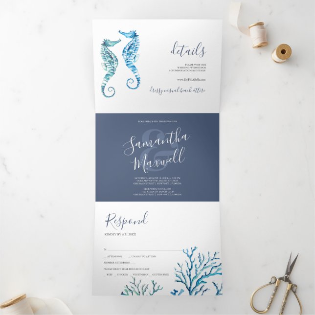 Seahorse Coastal Trifold Wedding Invitation (Inside)