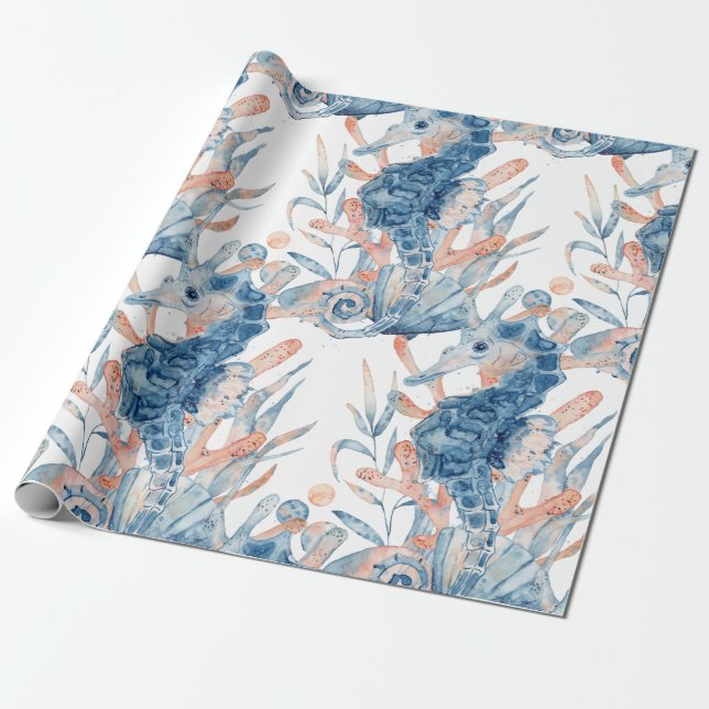 Seahorse Coastal Wrapping Paper (Unrolled)
