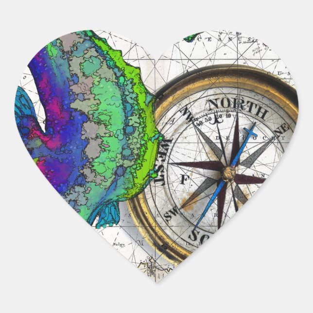 Seahorse Compass Collage Heart Sticker (Front)