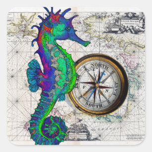 Seahorse Compass Square Sticker