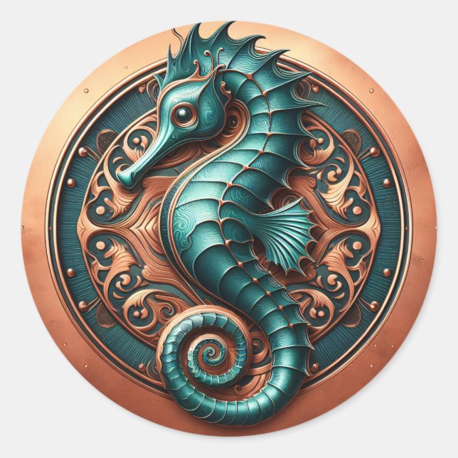 Seahorse Copper and Teal Classic Round Sticker (Front)