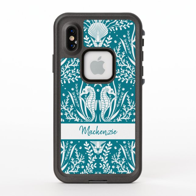 Seahorse Damask Ocean Sea Life Personalised LifeProof iPhone Case (Back)