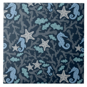 Seahorse Deep Blue Pattern Tile