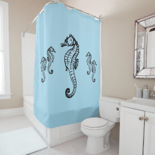 Seahorse Design on Blue Shower Curtain