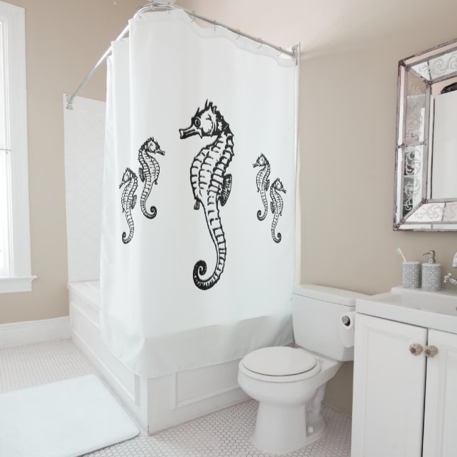 Seahorse Design on White Shower Curtain (In Situ)
