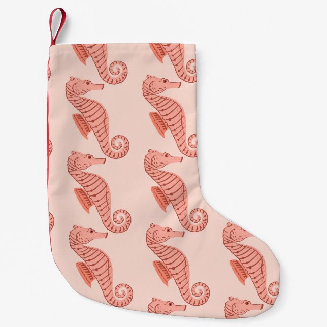 Seahorse doodle ornament: pink background. small christmas stocking (Front)