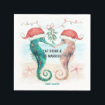Seahorse Eat Drink Be Married Coastal Christmas Napkin<br><div class="desc">Coastal theme Christmas napkins (for newlywed or engaged couples) feature watercolor seahorses in Santa hats kissing under mistletoe on the beach with an "Eat Drink & Be Married" caption. Perfect for beach theme winter and holiday wedding celebrations and engagement parties. Visit my "Seahorse Coastal Christmas Kiss" collection for coordinating invitations,...</div>