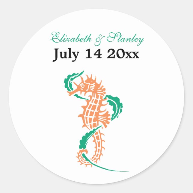 Seahorse emerald, coral wedding Save the Date Classic Round Sticker (Front)