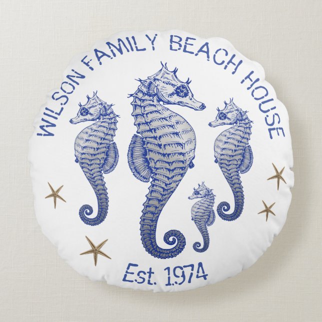 Seahorse Family Name Beach House Pillow (Front)
