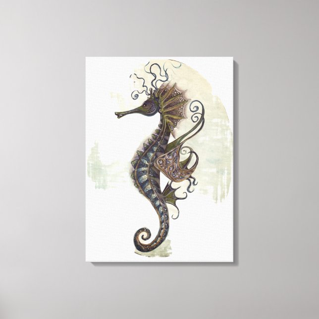 Seahorse fantasy, blue green artwork canvas print (Front)