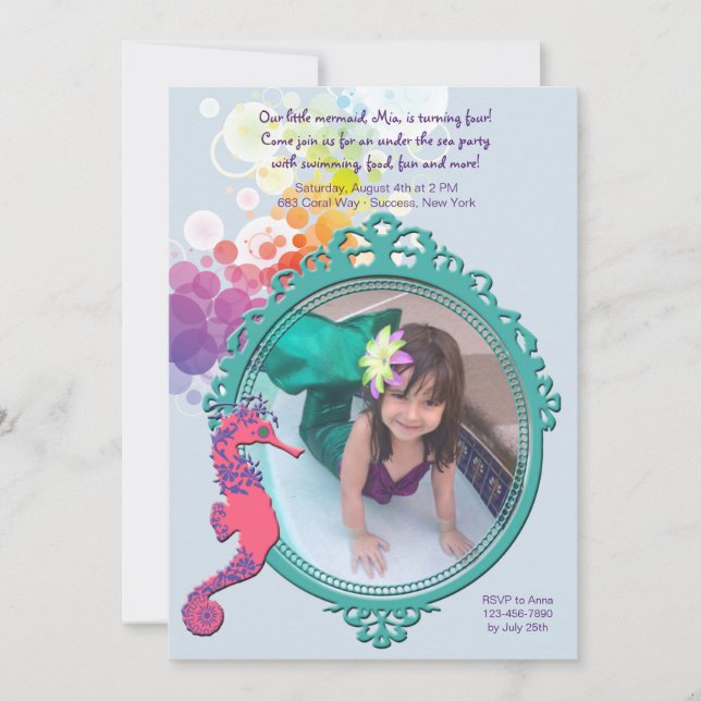 Seahorse Frame Photo Birthday Party Invitation (Front)