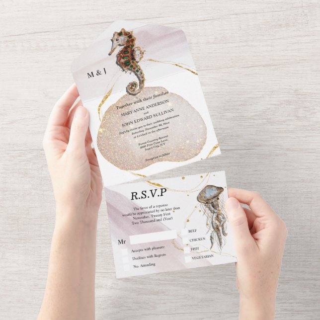 Seahorse glitter abstract coastal beach gold pink  all in one invitation (Tearaway)