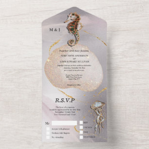 Seahorse glitter jelly fish abstract beach wedding all in one invitation