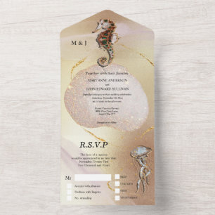 Seahorse glitter jelly fish pink gold beach  all i all in one invitation