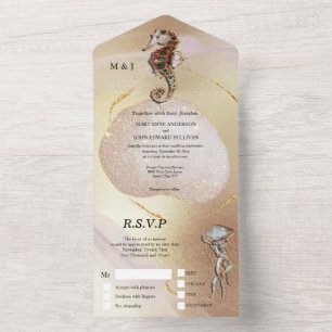 Seahorse glitter jelly fish pink gold beach  all i in one invitation