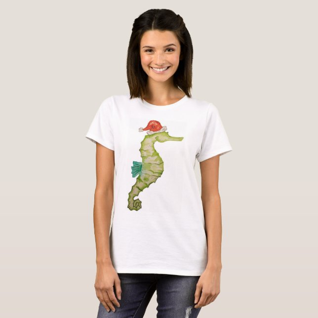Seahorse in a Santa hat nautical Christmas design T-Shirt (Front Full)