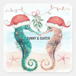 Seahorse Kiss Beach Christmas Couples Shower Square Sticker