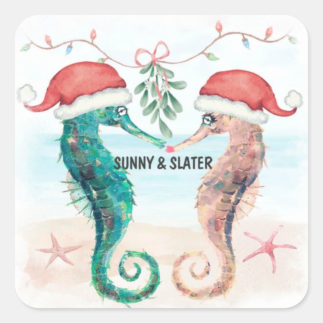Seahorse Kiss Beach Christmas Couples Shower Square Sticker (Front)