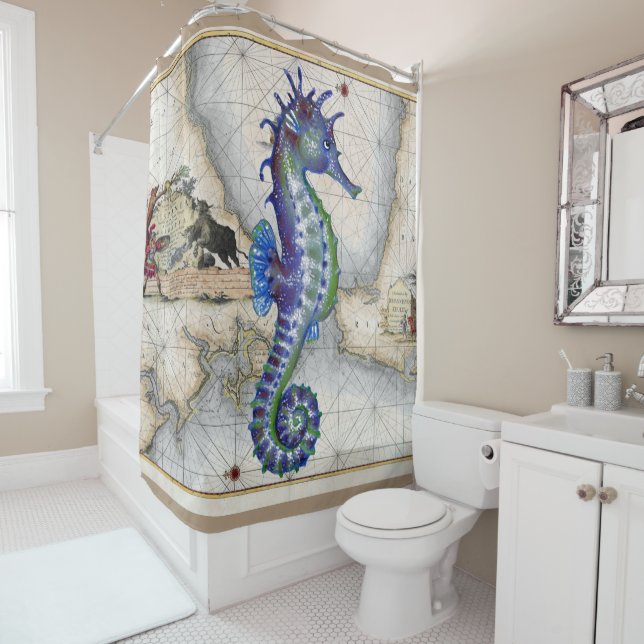 Seahorse Map Gibraltar Shower Curtain (In Situ)