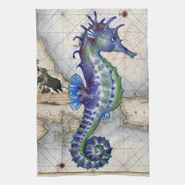 Seahorse Map Gibraltar Tea Towel (Vertical)