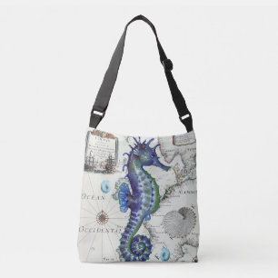 Seahorse Map Vintage Blue Crossbody Bag
