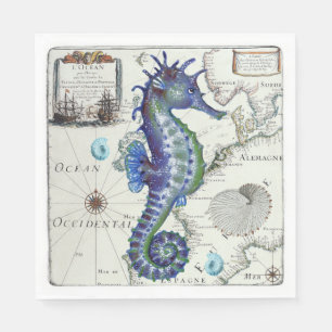 Seahorse Map Vintage Blue Napkin