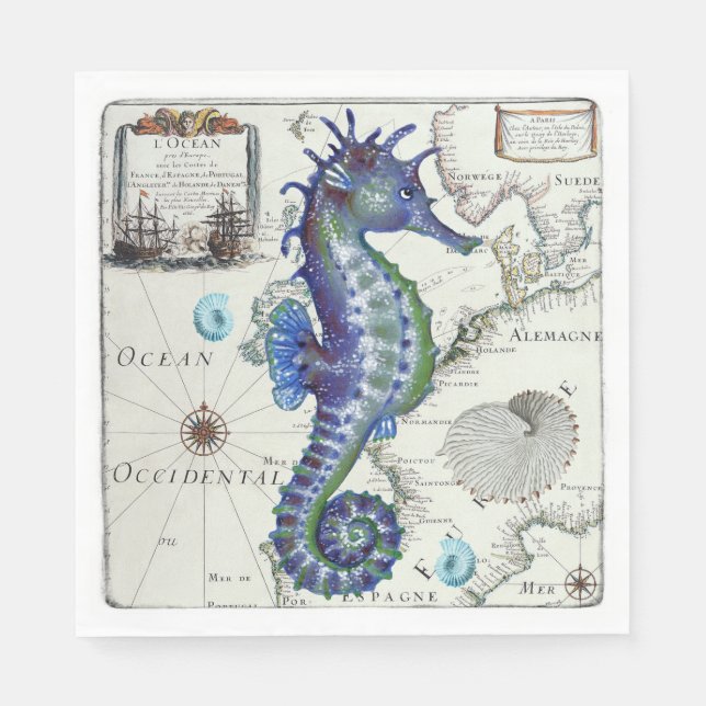 Seahorse Map Vintage Blue Napkin (Front)