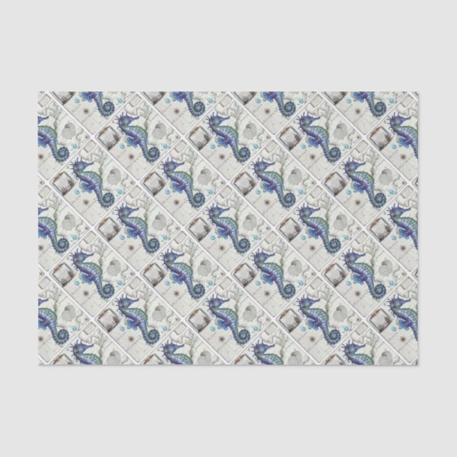 Seahorse Map Vintage Blue Tissue Paper (Front)