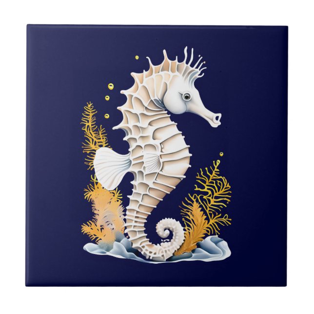 Seahorse marine fish 3D blue orange beach theme Tile (Front)
