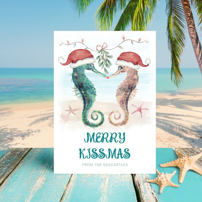 Seahorse Mistletoe Merry Kissmas Coastal Christmas Holiday Card (Creator Uploaded)
