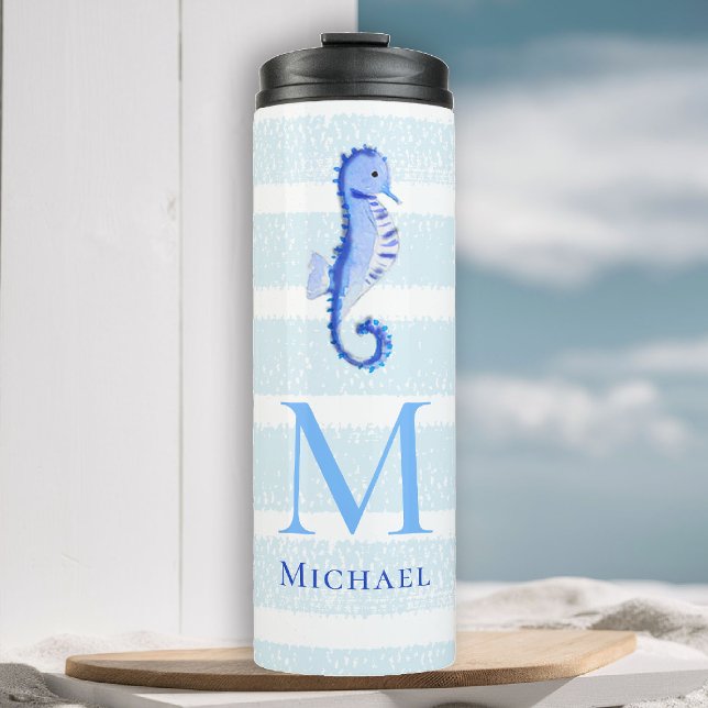 Seahorse Monogram Beach Nautical Stripe Watercolor Thermal Tumbler (boy tumbler personalized monogram seahorse sea blue stripes nautical ocean grandchild baby gift)