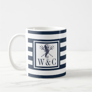 Seahorse Monogram Navy Blue Stripe Nautical Coffee Mug