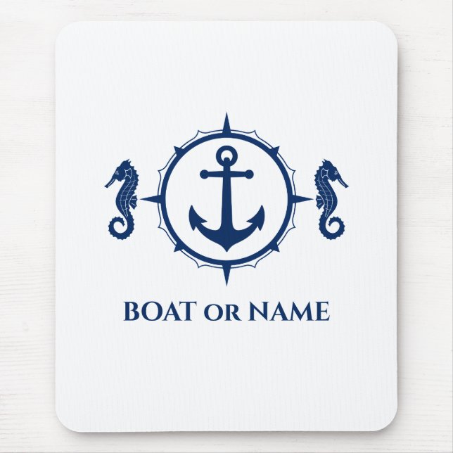 Seahorse Nautical Anchor Your Boat or Name Blue Mouse Mat (Front)