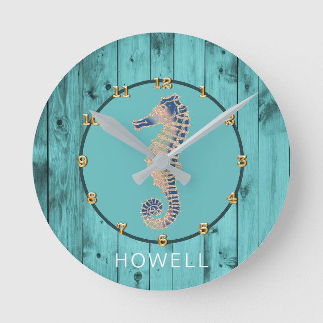 Seahorse Nautical Coastal Beach House Custom Name Round Clock (Front)