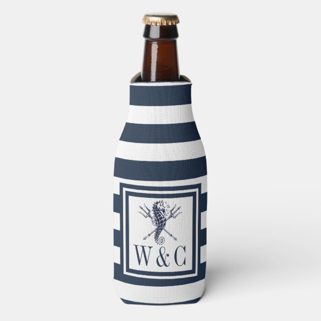Seahorse Nautical Monogram Navy Blue Stripe Bottle Bottle Cooler (Bottle Front)