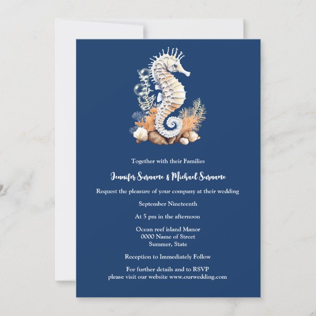 Seahorse nautical ocean blue white orange coral invitation (Front)