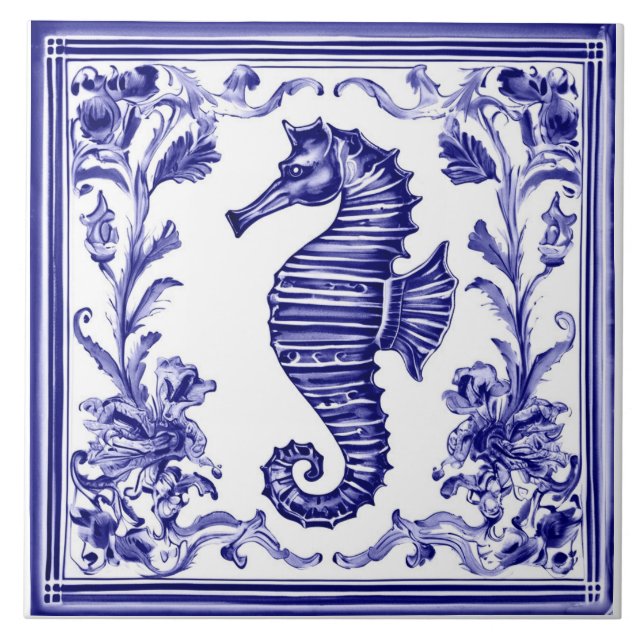 Seahorse Navy Blue and White Sea Ocean Beach House Tile (Front)